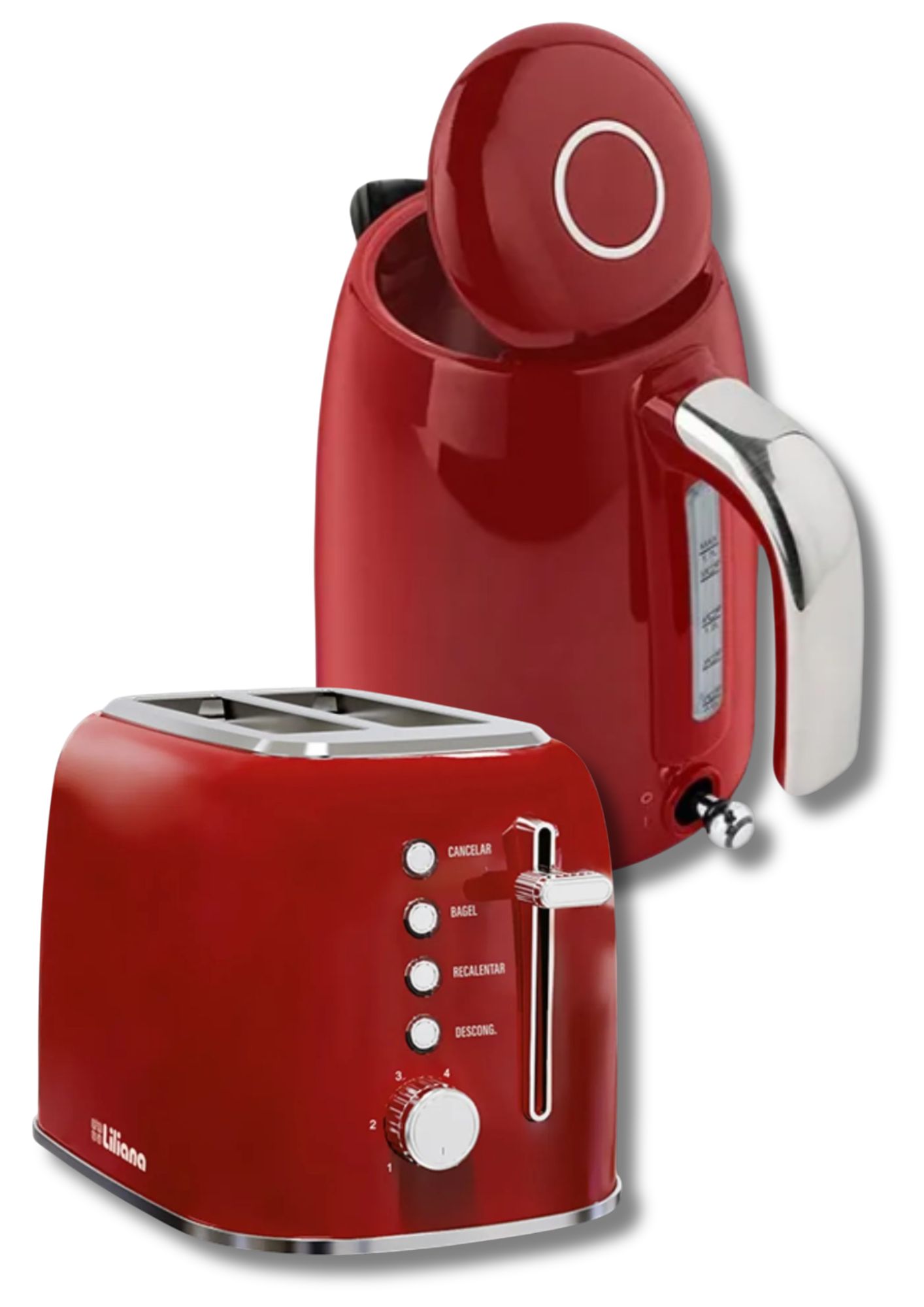 Pava Electrica Liliana Roja 1.7L y Tostadora Liliana Retrotoast Roja