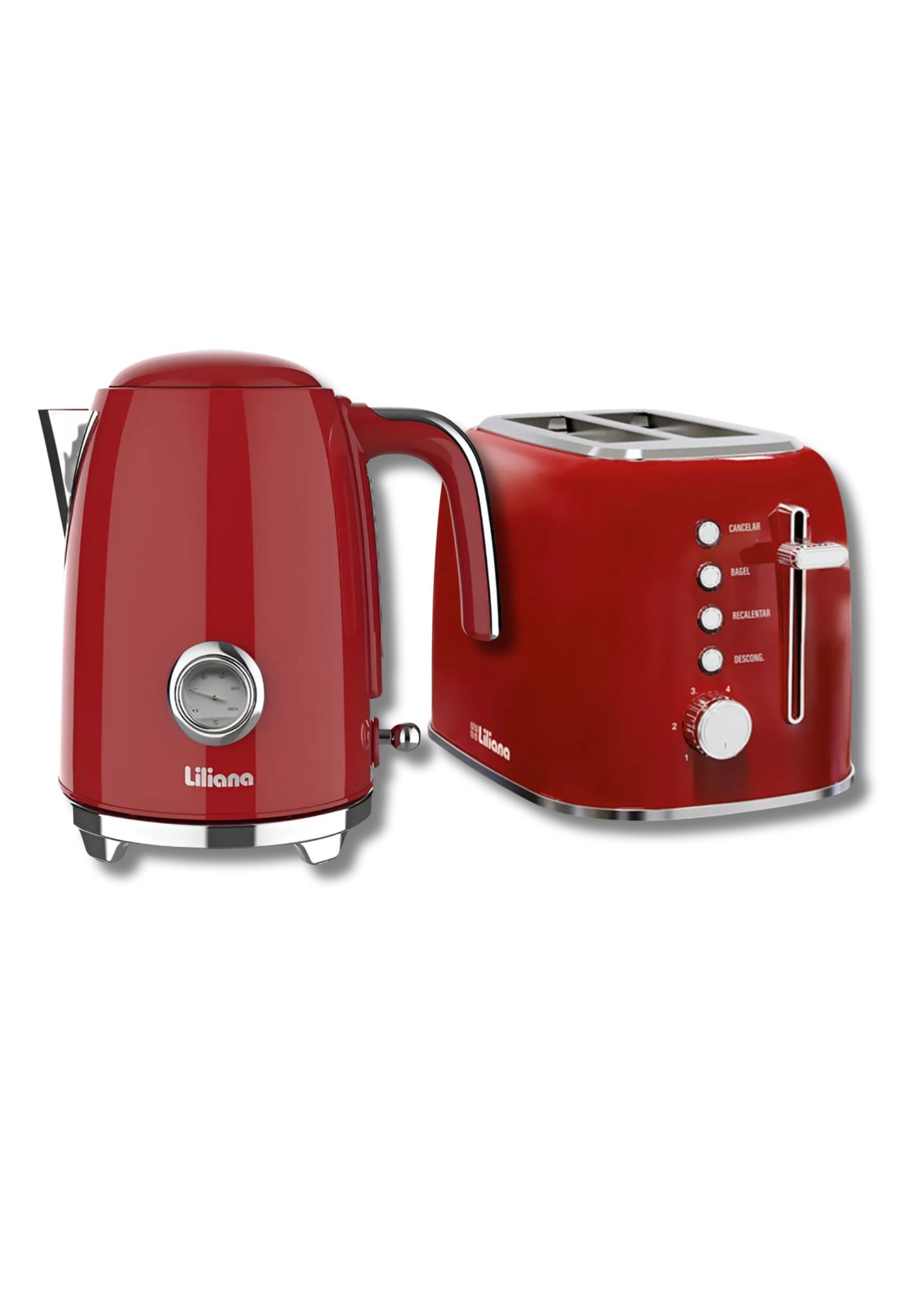 Pava Electrica Liliana Roja 1.7L y Tostadora Liliana Retrotoast Roja