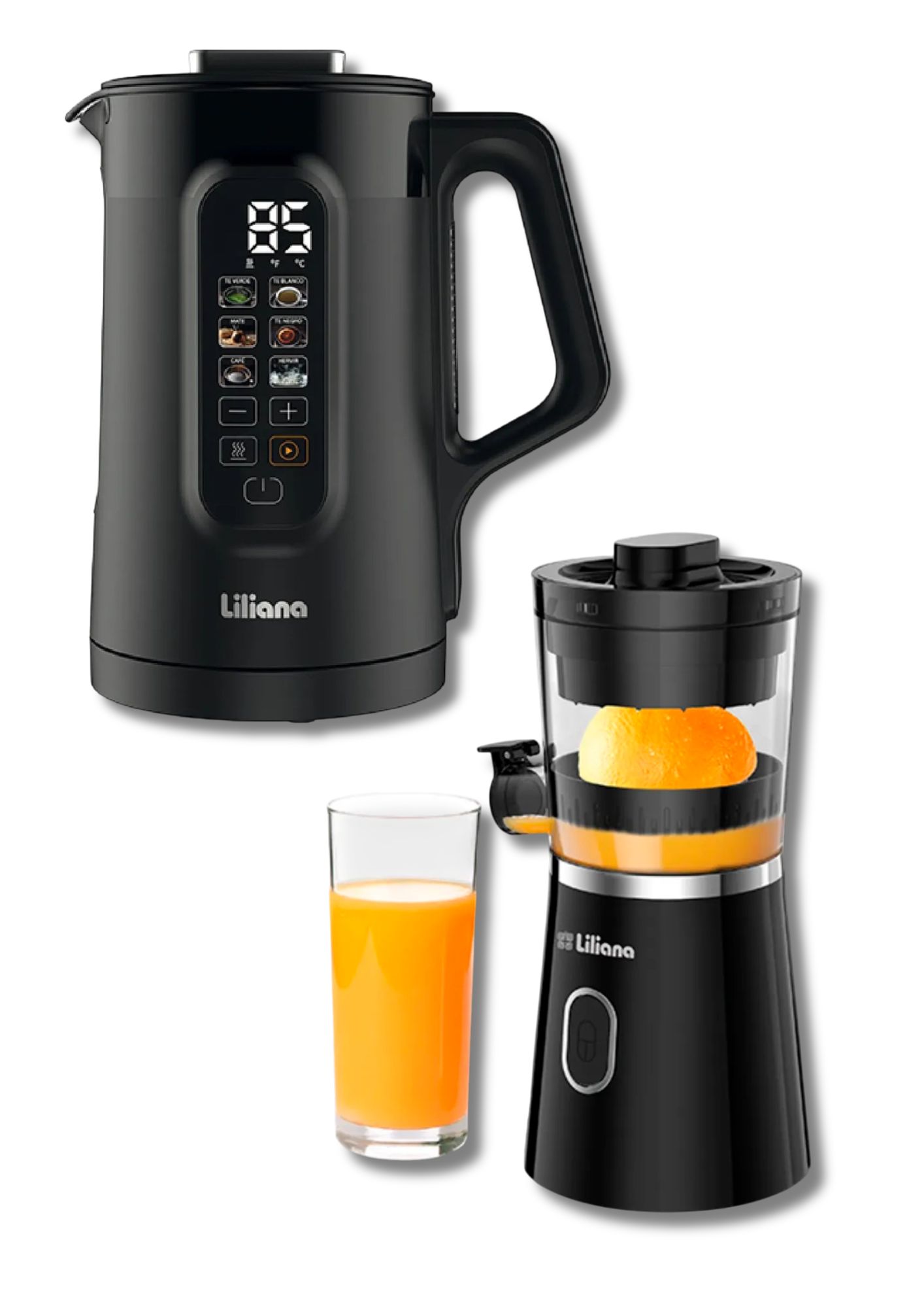 Exprimidor Liliana JuiceMatic y Pava electrica Liliana digital negra 1.5L