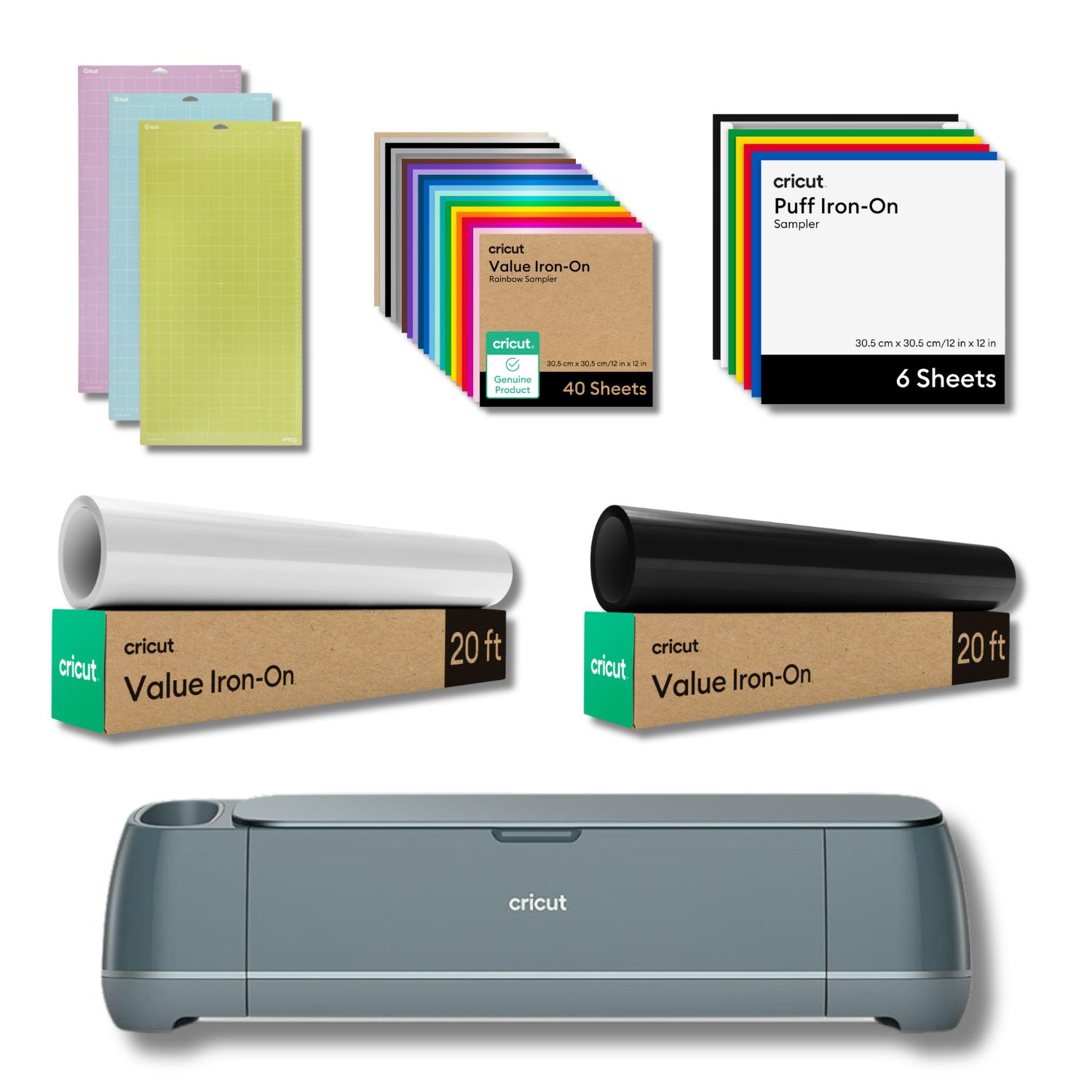 Cricut Maker 4 con Pack de tapetes variados Vinilo textil pack 40 hojas de colores Vinilo textil blanco Vinilo textil negro y cinta de transferencia