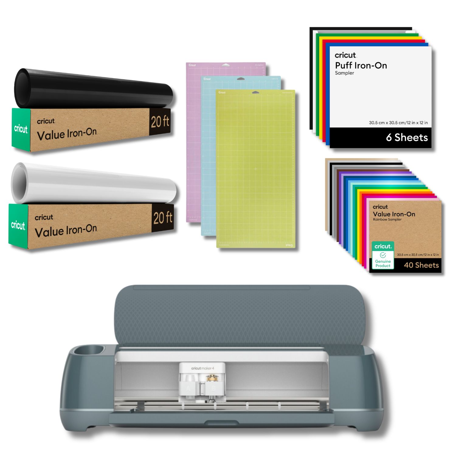 Cricut Maker 4 con Pack de tapetes variados Vinilo textil pack 40 hojas de colores Vinilo textil blanco Vinilo textil negro y cinta de transferencia