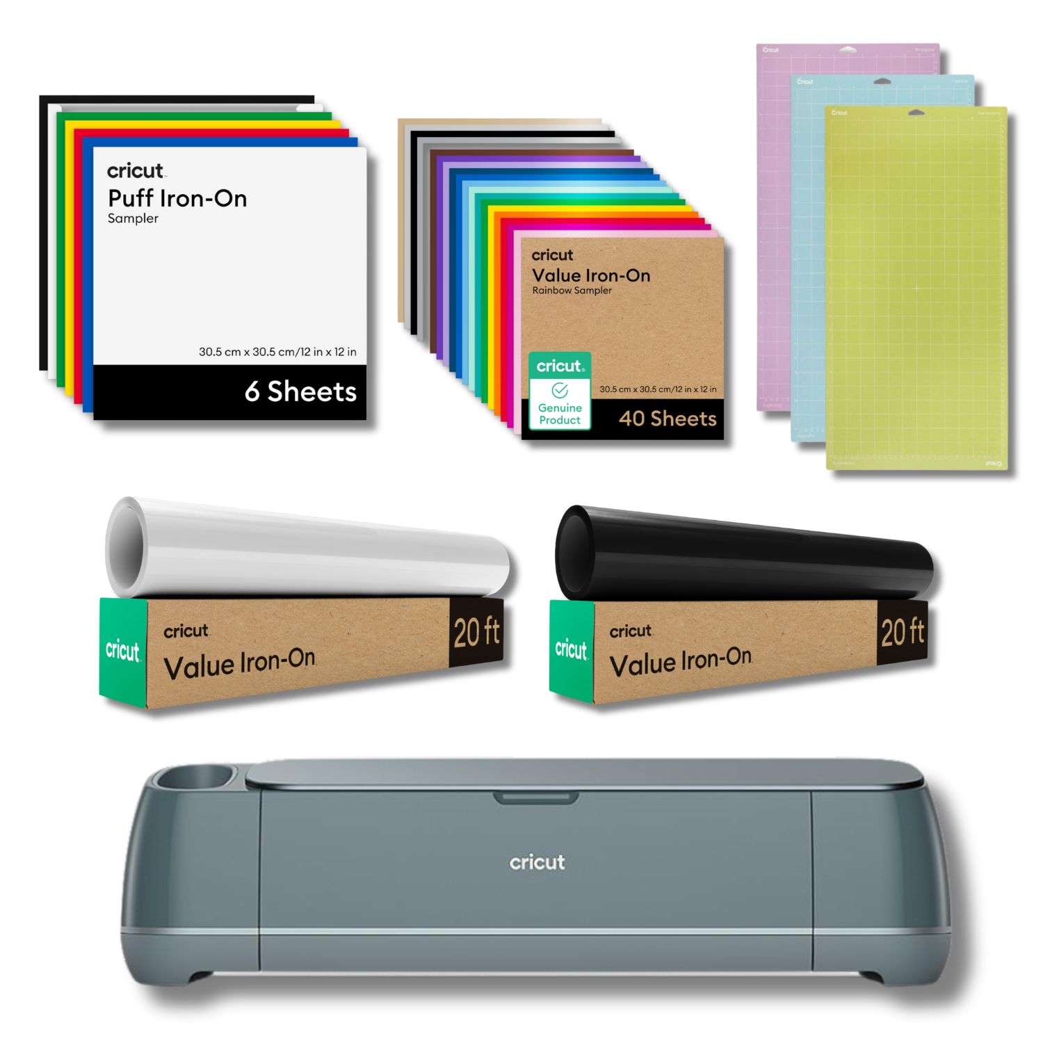 Cricut Maker 4 con Pack de tapetes variados Vinilo textil pack 40 hojas de colores Vinilo textil blanco Vinilo textil negro y cinta de transferencia